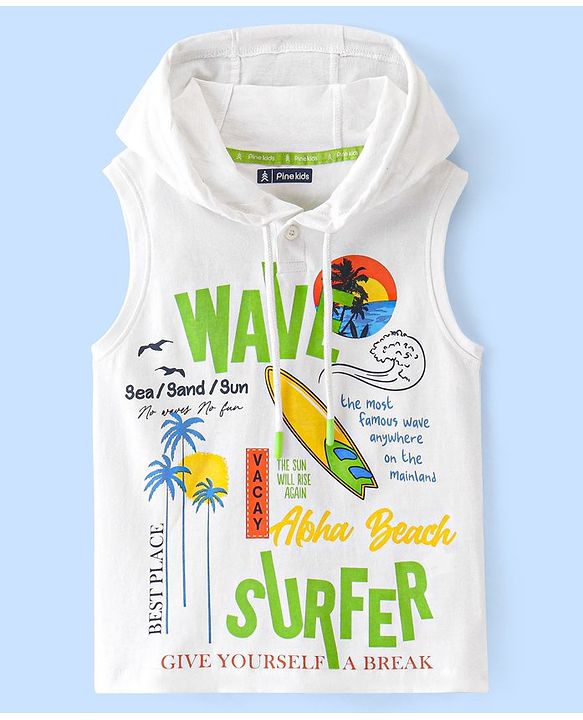 Pine Kids 100% Cotton Sleeveless Hooded T-Shirt With Text Print - White