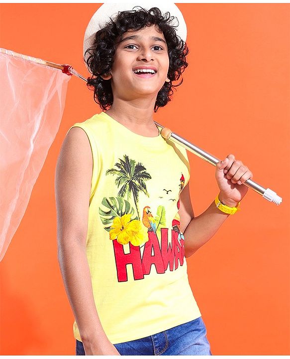 Pine Kids Cotton Sleeveless Hawaii Print T-Shirt - Tender Yellow