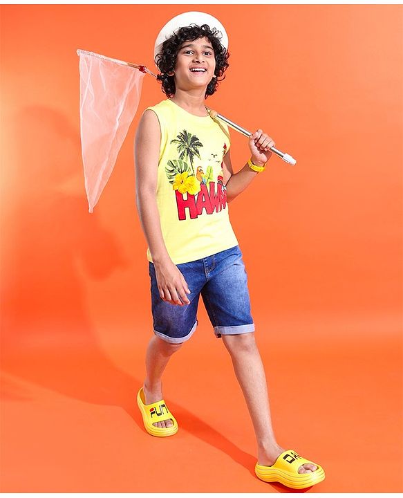 Pine Kids Cotton Sleeveless Hawaii Print T-Shirt - Tender Yellow