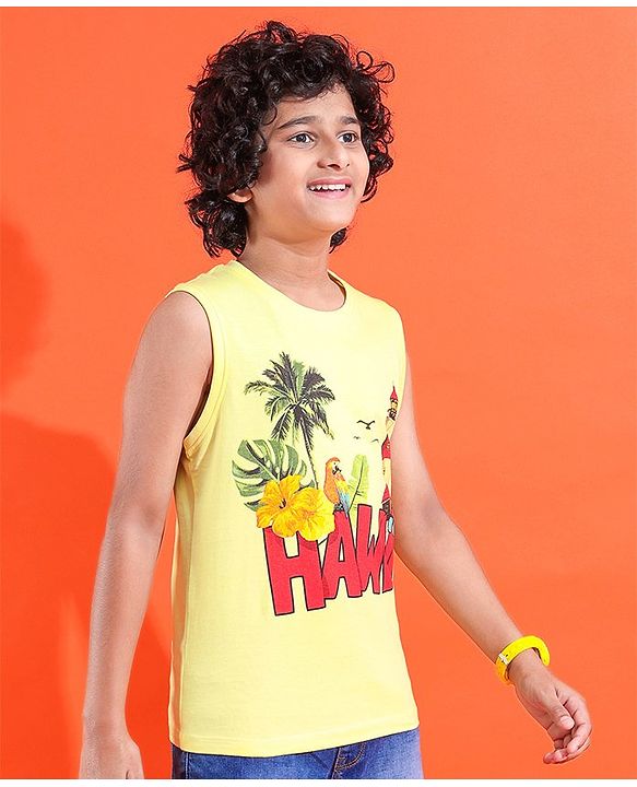 Pine Kids Cotton Sleeveless Hawaii Print T-Shirt - Tender Yellow