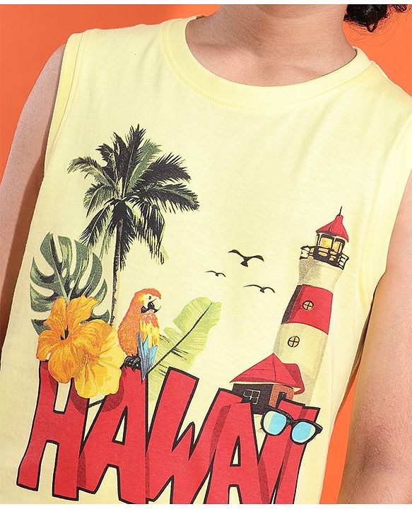 Pine Kids Cotton Sleeveless Hawaii Print T-Shirt - Tender Yellow
