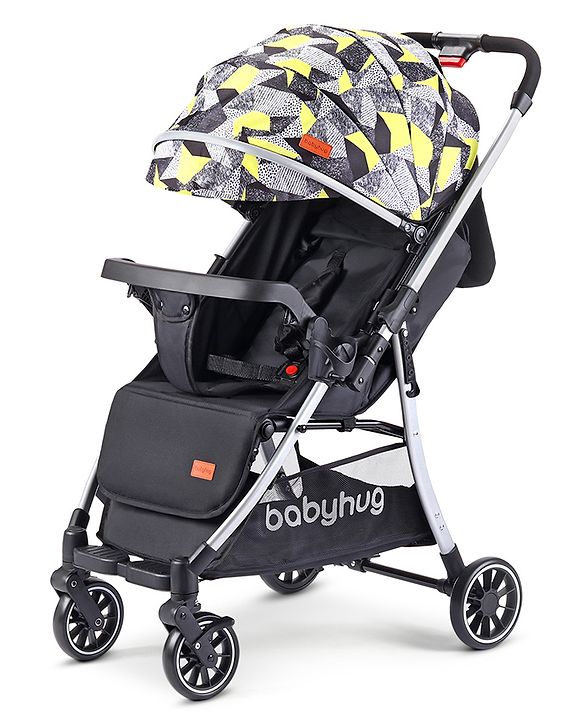 Babyhug Travel Compact Baby Stroller with Reversible Handle Adjustable Backrest & Canopy - Yellow| Concealed Link Brake| Suspension Wheels