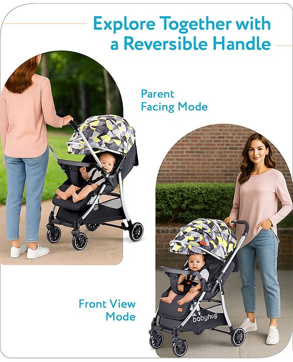 Babyhug Travel Compact Baby Stroller with Reversible Handle Adjustable Backrest & Canopy - Yellow| Concealed Link Brake| Suspension Wheels