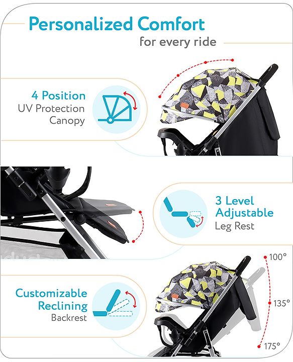 Babyhug Travel Compact Baby Stroller with Reversible Handle Adjustable Backrest & Canopy - Yellow| Concealed Link Brake| Suspension Wheels