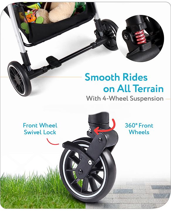 Babyhug Travel Compact Baby Stroller with Reversible Handle Adjustable Backrest & Canopy - Yellow| Concealed Link Brake| Suspension Wheels