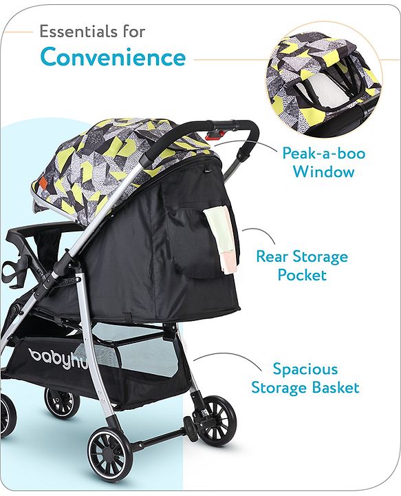 Babyhug Travel Compact Baby Stroller with Reversible Handle Adjustable Backrest & Canopy - Yellow| Concealed Link Brake| Suspension Wheels