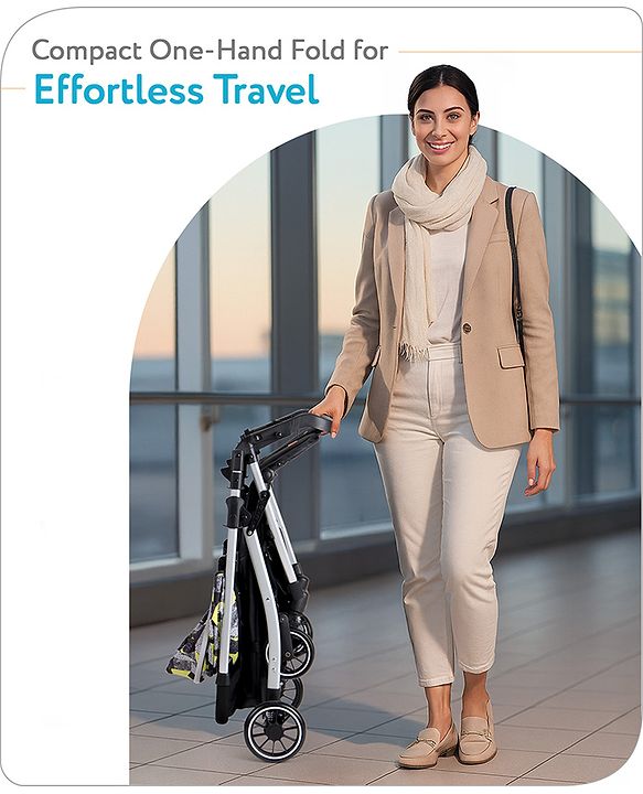 Babyhug Travel Compact Baby Stroller with Reversible Handle Adjustable Backrest & Canopy - Yellow| Concealed Link Brake| Suspension Wheels