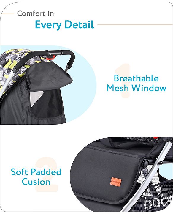 Babyhug Travel Compact Baby Stroller with Reversible Handle Adjustable Backrest & Canopy - Yellow| Concealed Link Brake| Suspension Wheels