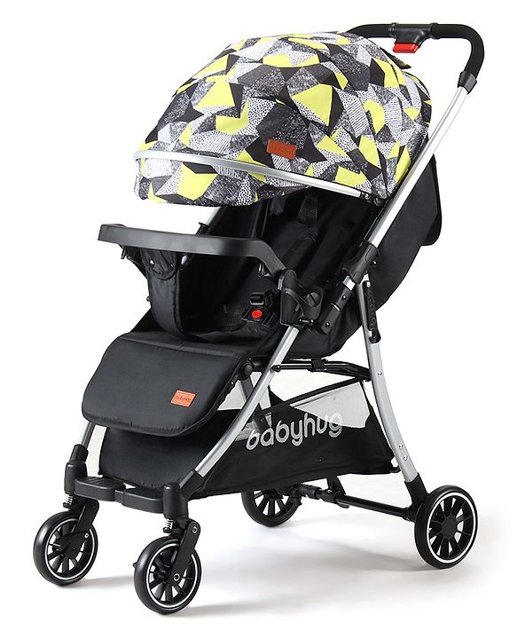 Babyhug Travel Compact Baby Stroller with Reversible Handle Adjustable Backrest & Canopy - Yellow| Concealed Link Brake| Suspension Wheels