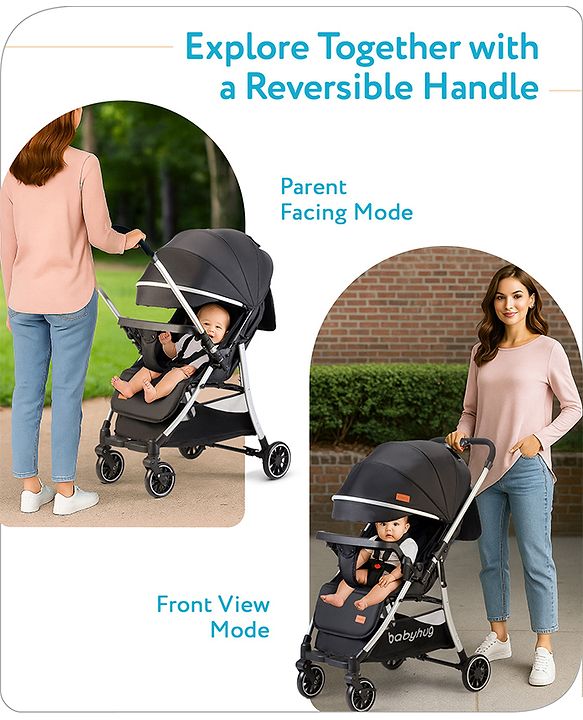 Babyhug Travel Compact Baby Stroller with Reversible Handle Adjustable Backrest & Canopy - Yellow| Concealed Link Brake| Suspension Wheels