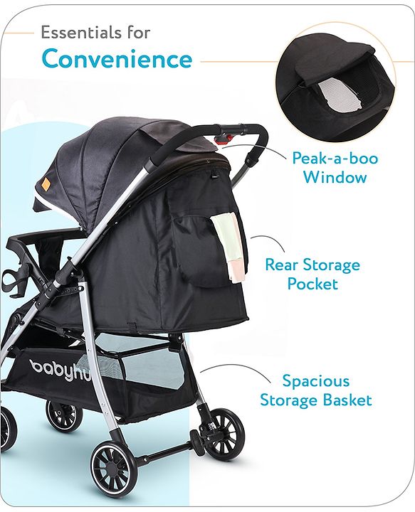 Babyhug Travel Compact Baby Stroller with Reversible Handle Adjustable Backrest & Canopy - Yellow| Concealed Link Brake| Suspension Wheels