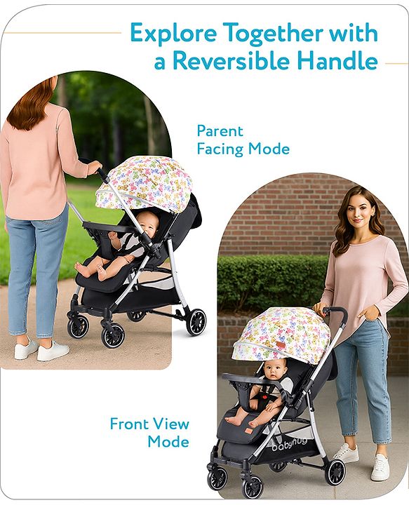 Babyhug Travel Compact Baby Stroller with Reversible Handle Adjustable Backrest & Canopy - Yellow| Concealed Link Brake| Suspension Wheels