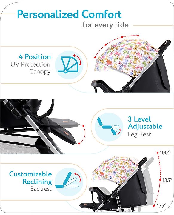 Babyhug Travel Compact Baby Stroller with Reversible Handle Adjustable Backrest & Canopy - Yellow| Concealed Link Brake| Suspension Wheels