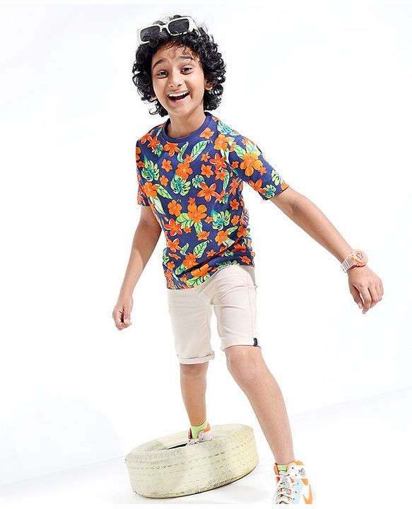 Pine Kids 100% Cotton Half Sleeves T-Shirt Floral Print - Blue Depth