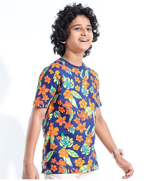 Pine Kids 100% Cotton Half Sleeves T-Shirt Floral Print - Blue Depth