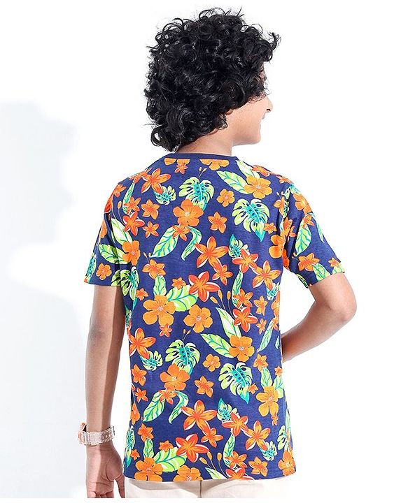 Pine Kids 100% Cotton Half Sleeves T-Shirt Floral Print - Blue Depth