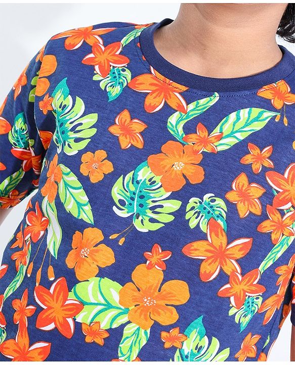 Pine Kids 100% Cotton Half Sleeves T-Shirt Floral Print - Blue Depth