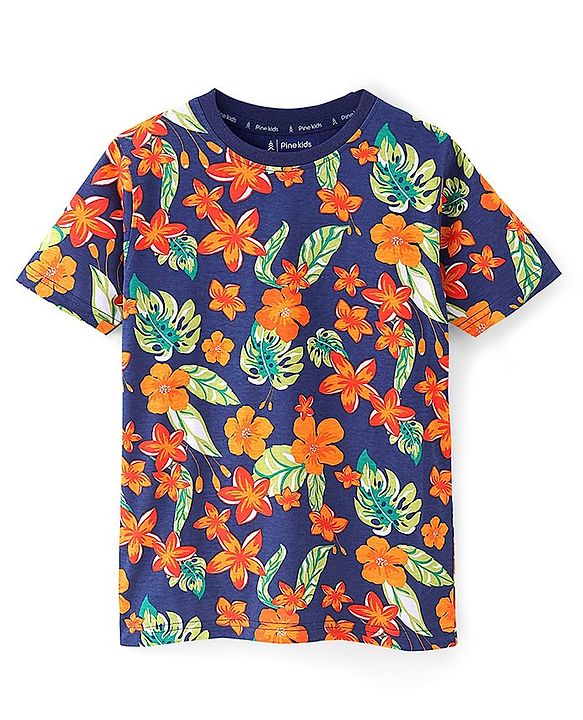 Pine Kids 100% Cotton Half Sleeves T-Shirt Floral Print - Blue Depth