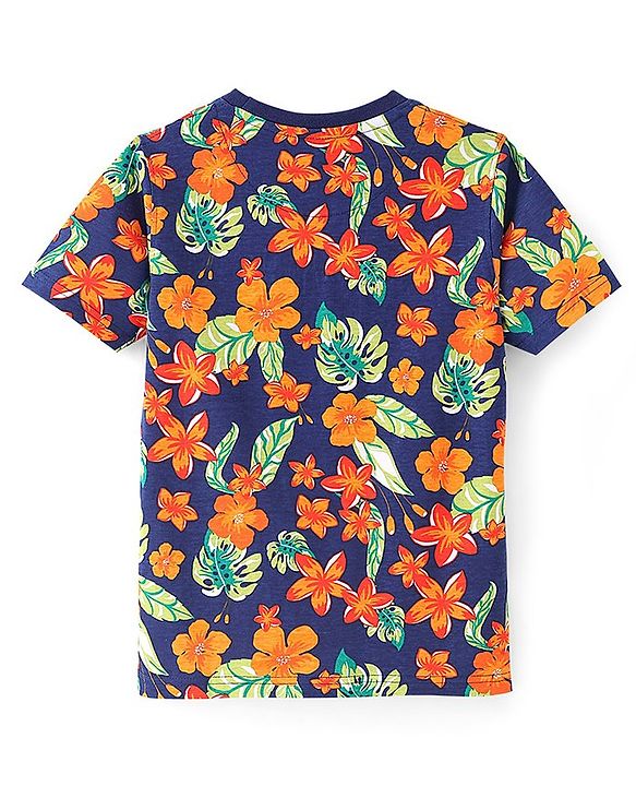 Pine Kids 100% Cotton Half Sleeves T-Shirt Floral Print - Blue Depth