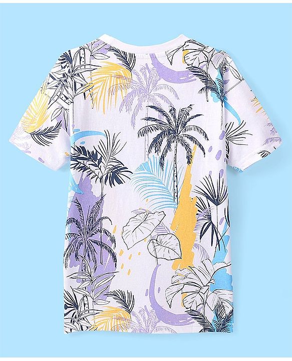 Pine Kids Cotton Half Sleeve T-Shirt With Tropical Print - Snow White
