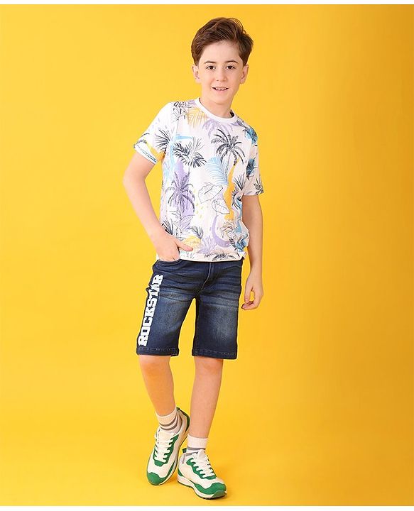 Pine Kids Cotton Half Sleeve T-Shirt With Tropical Print - Snow White