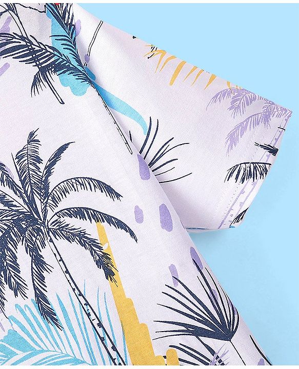 Pine Kids Cotton Half Sleeve T-Shirt With Tropical Print - Snow White