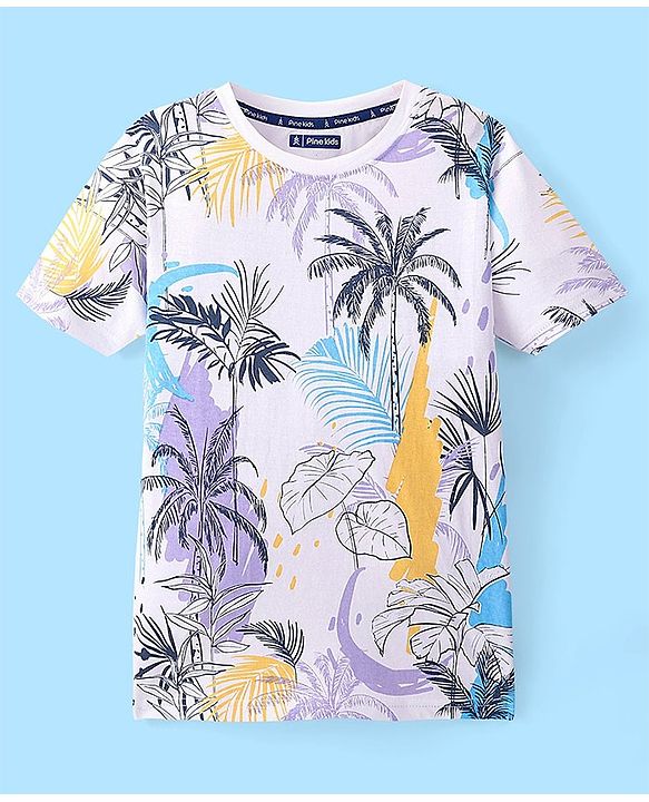 Pine Kids Cotton Half Sleeve T-Shirt With Tropical Print - Snow White