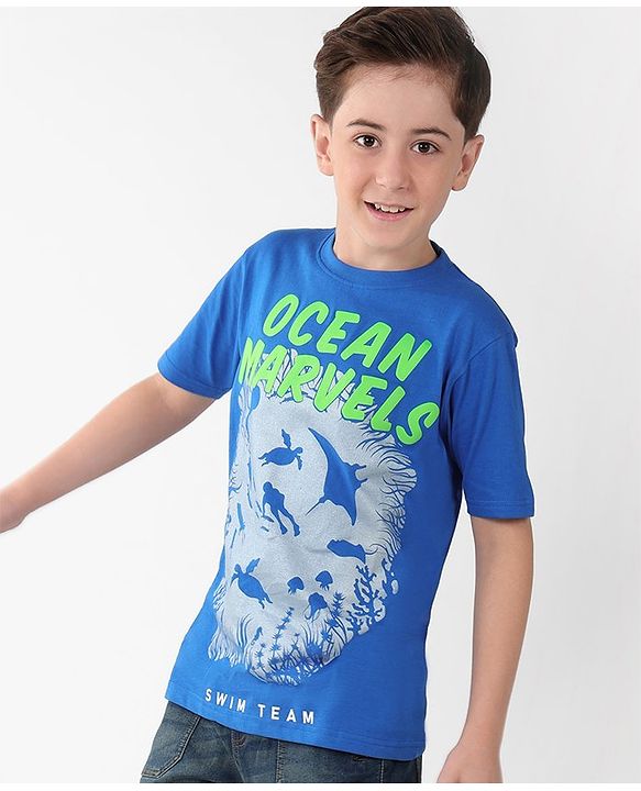 Pine Kids Cotton Knit Half Sleeves T-Shirts Ocean Print- Blue