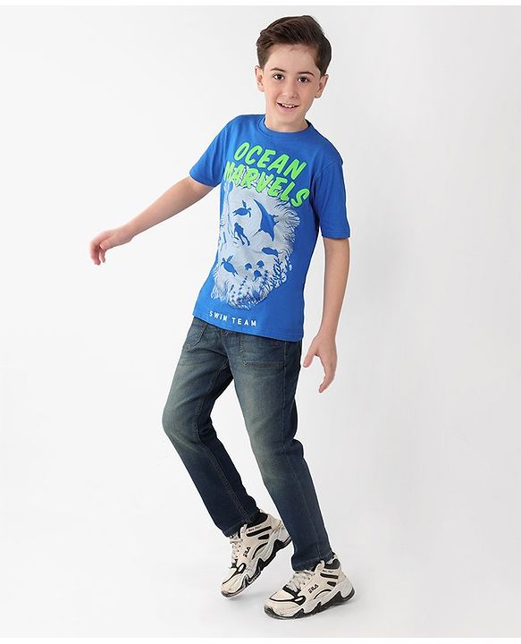 Pine Kids Cotton Knit Half Sleeves T-Shirts Ocean Print- Blue