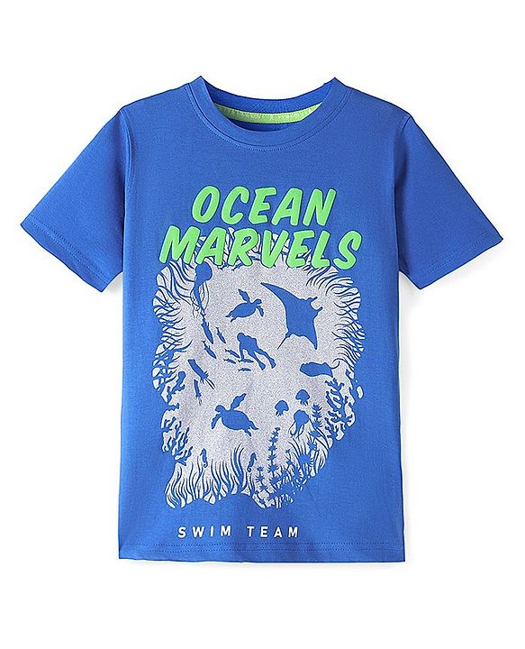Pine Kids Cotton Knit Half Sleeves T-Shirts Ocean Print- Blue