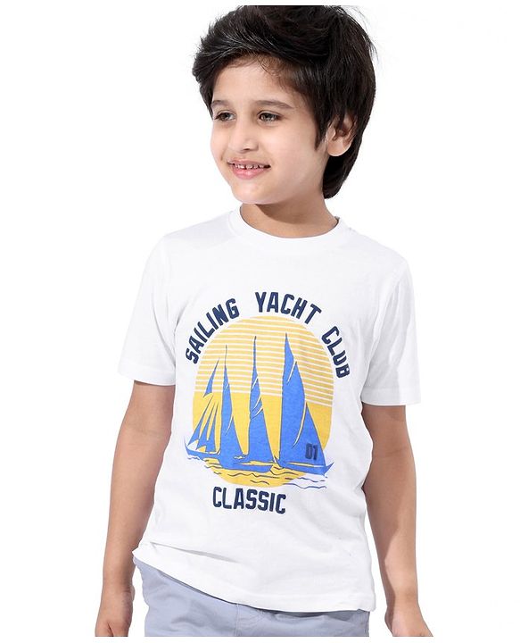 Pine Kids Cotton Half Sleeves T-Shirt Sailing Yacht Club Print - Snow White