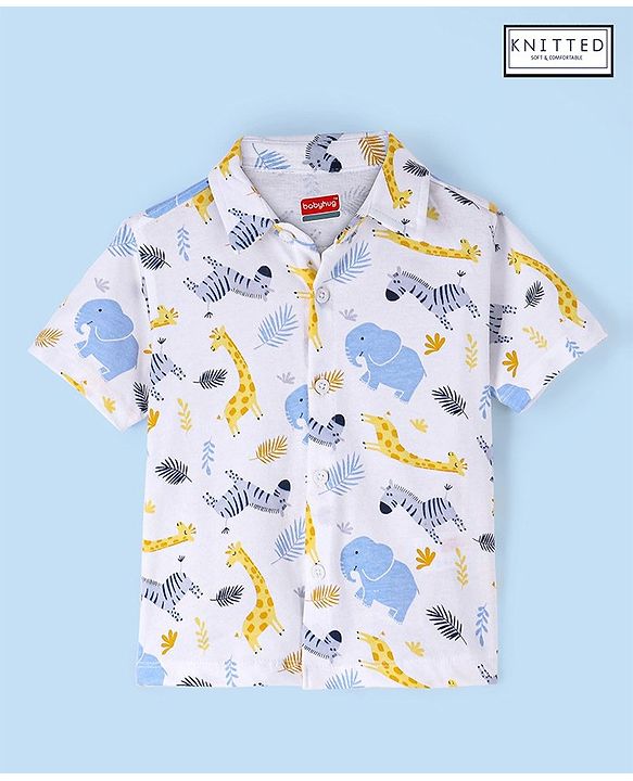 Babyhug Cotton Knit Half Sleeves Giraffe Printed Shirt - White