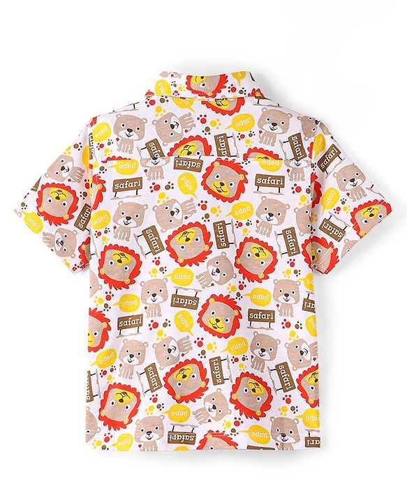 Babyhug Cotton Knit Half Sleeves Lion Printed Shirt - White & Beige
