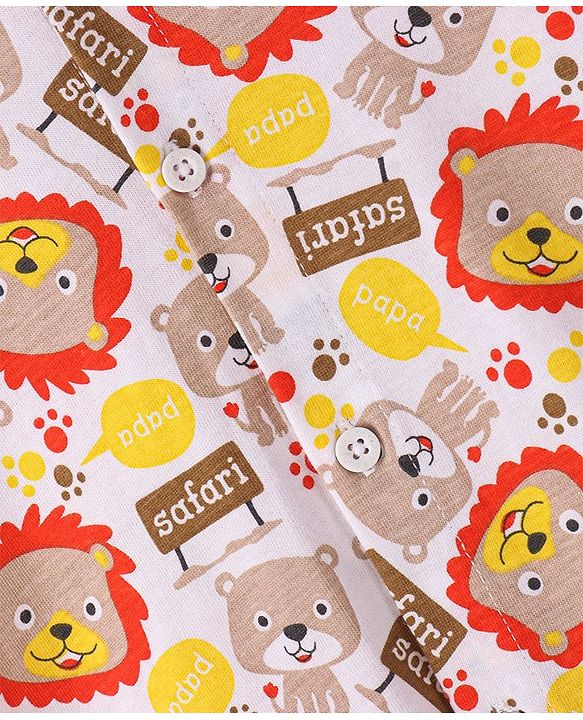 Babyhug Cotton Knit Half Sleeves Lion Printed Shirt - White & Beige