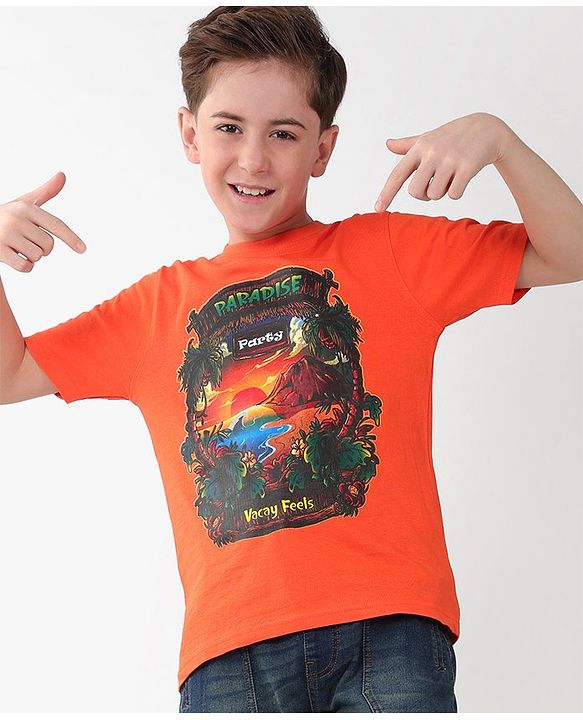 Pine Kids 100% Cotton Half Sleeves T-Shirt Jungle Print - Orange