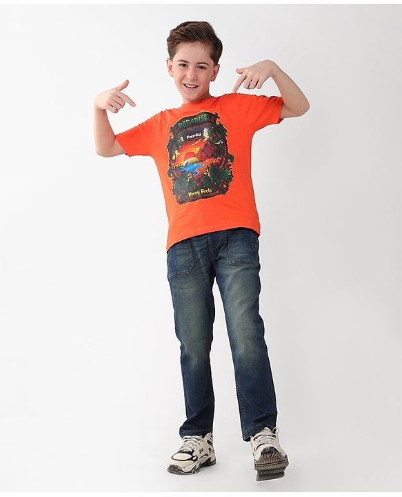 Pine Kids 100% Cotton Half Sleeves T-Shirt Jungle Print - Orange