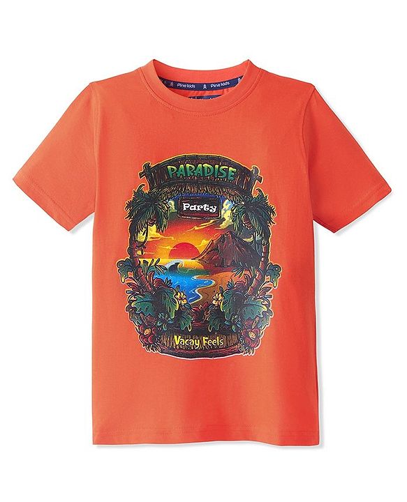 Pine Kids 100% Cotton Half Sleeves T-Shirt Jungle Print - Orange