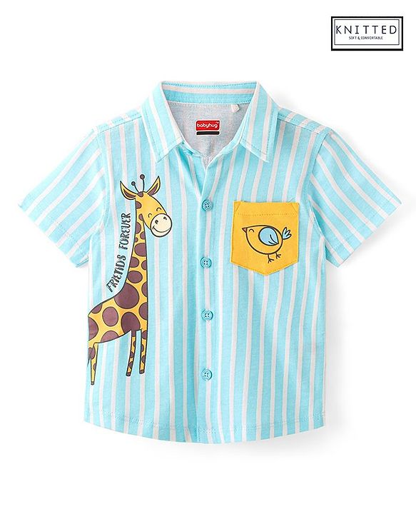 Babyhug Cotton Knit Half Sleeves Shirt Striped Giraffe &  Bird Print - Blue