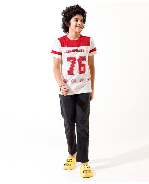 Pine Kids Half Sleeves Championship Printed T-Shirt - Snow White