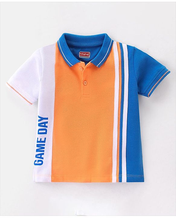 Babyhug Cotton Half Sleeves Polo T-Shirt With Text Graphics & Football Applique on Sleeve - Orange & Blue