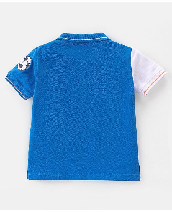 Babyhug Cotton Half Sleeves Polo T-Shirt With Text Graphics & Football Applique on Sleeve - Orange & Blue
