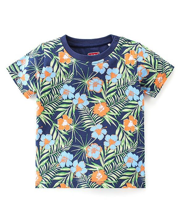 Babyhug 100% Cotton Half Sleeves T-Shirt Tropical Print - Navy Blue