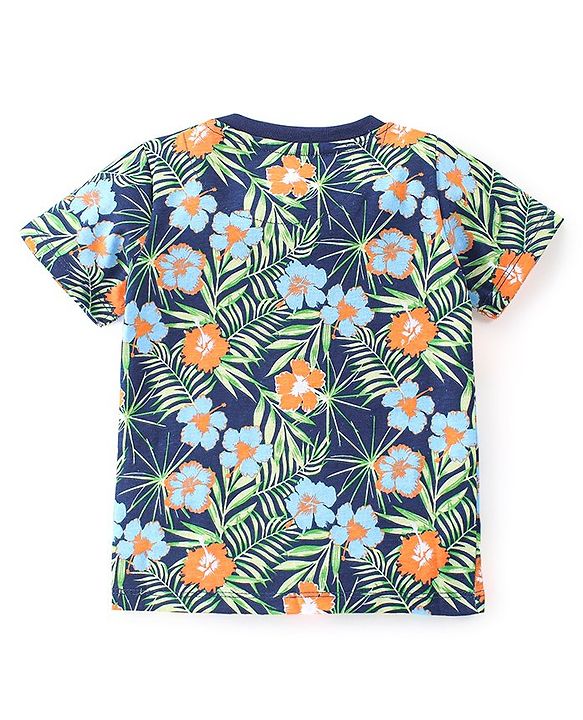 Babyhug 100% Cotton Half Sleeves T-Shirt Tropical Print - Navy Blue