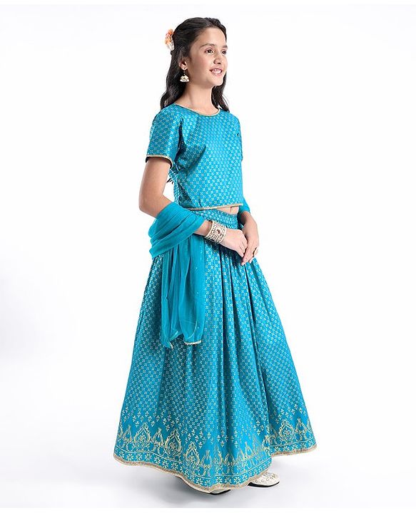 Pine Kids Woven Half Sleeves Lehenga Choli Set With Foil Print & Embroidered - Blue
