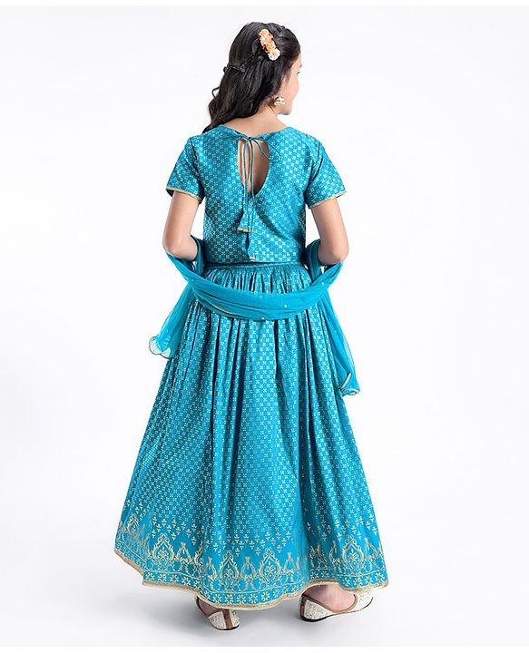 Pine Kids Woven Half Sleeves Lehenga Choli Set With Foil Print & Embroidered - Blue