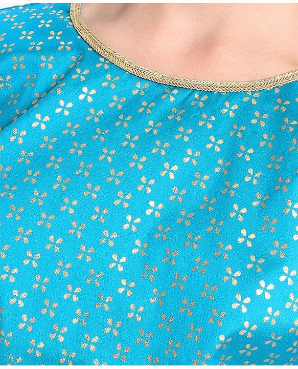 Pine Kids Woven Half Sleeves Lehenga Choli Set With Foil Print & Embroidered - Blue