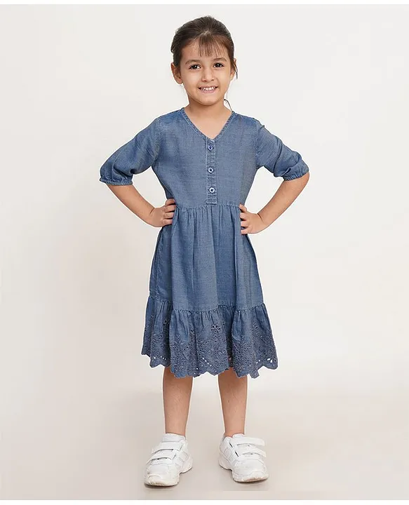 John Lewis Kids' Floral Embroidery Denim Chambray Dress, Mid Wash, 2 years