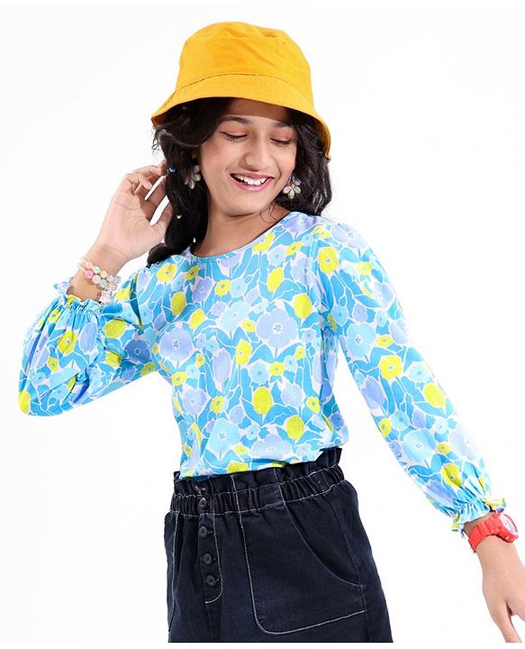 Pine Kids 100% Cotton Full Flawn Sleeves Floral Printed Top - Blue Green & Purple