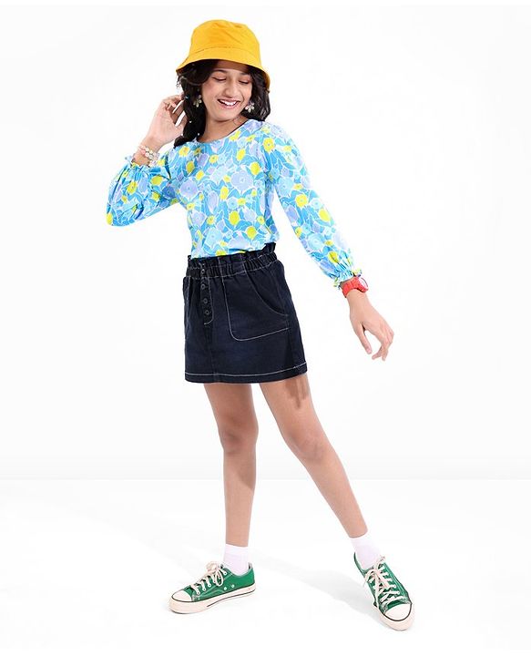 Pine Kids 100% Cotton Full Flawn Sleeves Floral Printed Top - Blue Green & Purple