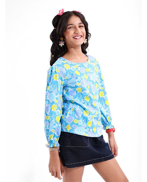 Pine Kids 100% Cotton Full Flawn Sleeves Floral Printed Top - Blue Green & Purple